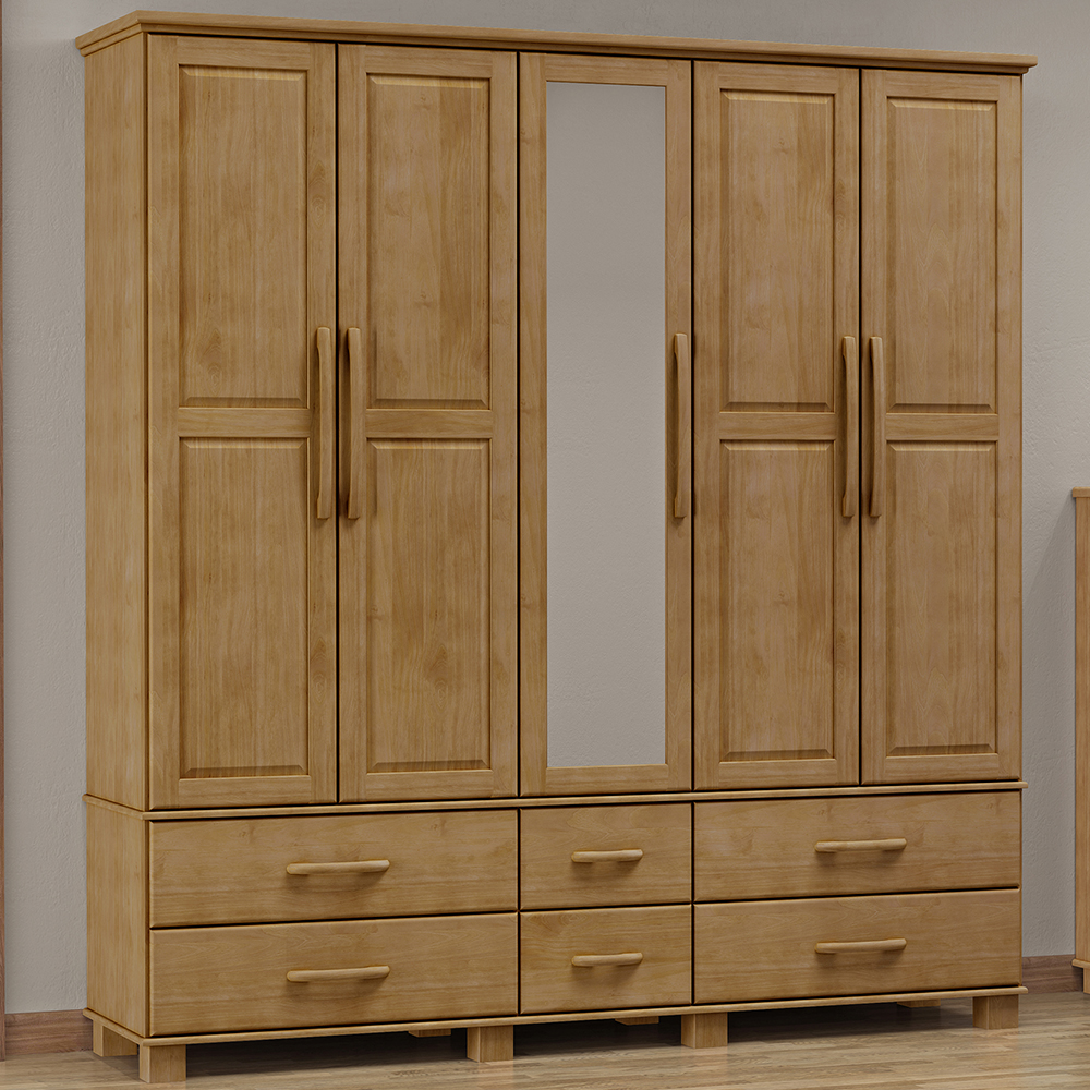 Guarda Roupa 5P 6G Espelho Madeira Maciça 208 cm 2253 Freijo Milani Store
