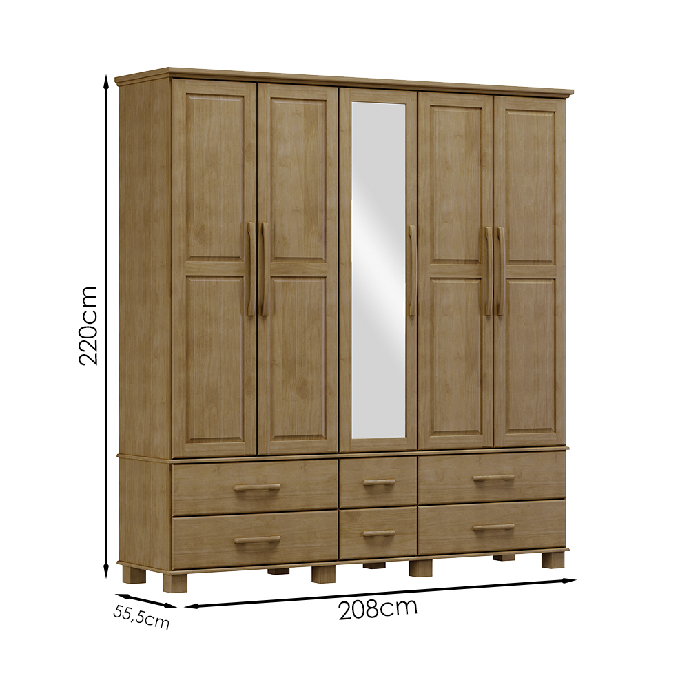 Guarda Roupa 5P 6G Espelho Madeira Maciça 208 cm 2253 Freijo Milani Store