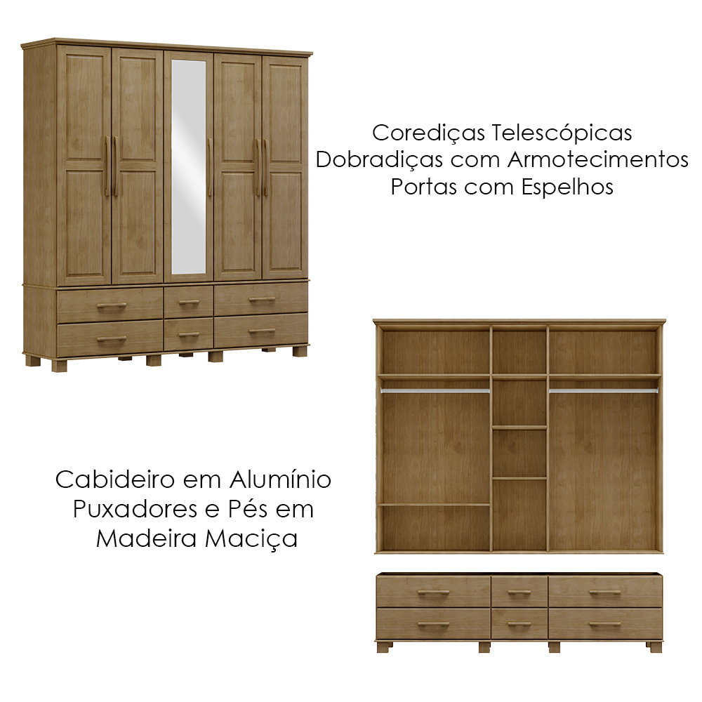 Guarda Roupa 5P 6G Espelho Madeira Maciça 208 cm 2253 Freijo Milani Store