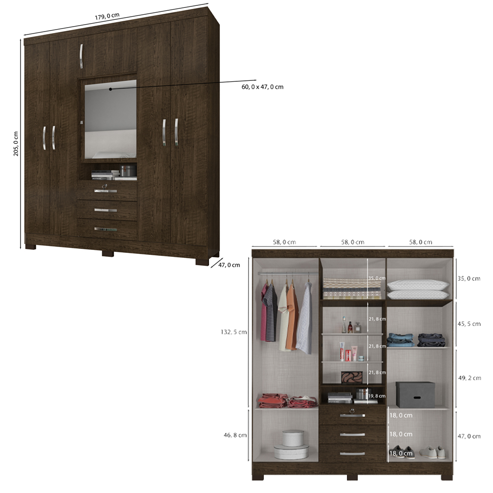 Guarda Roupa 6P 3G Espelho 180 cm 6542 Malbec INCP