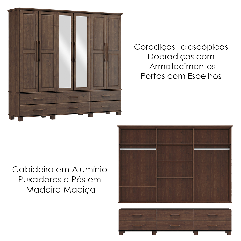 Guarda Roupa 6P 6G Espelho Madeira Maciça 248 cm 2254 Cafe Milani Store