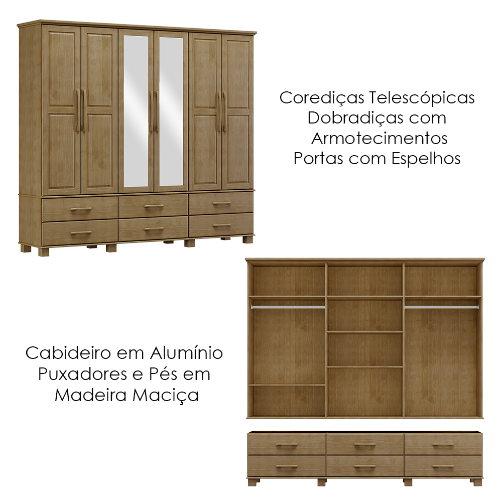Guarda Roupa 6P 6G Espelho Madeira Maciça 248 cm 2254 Freijo Milani Store