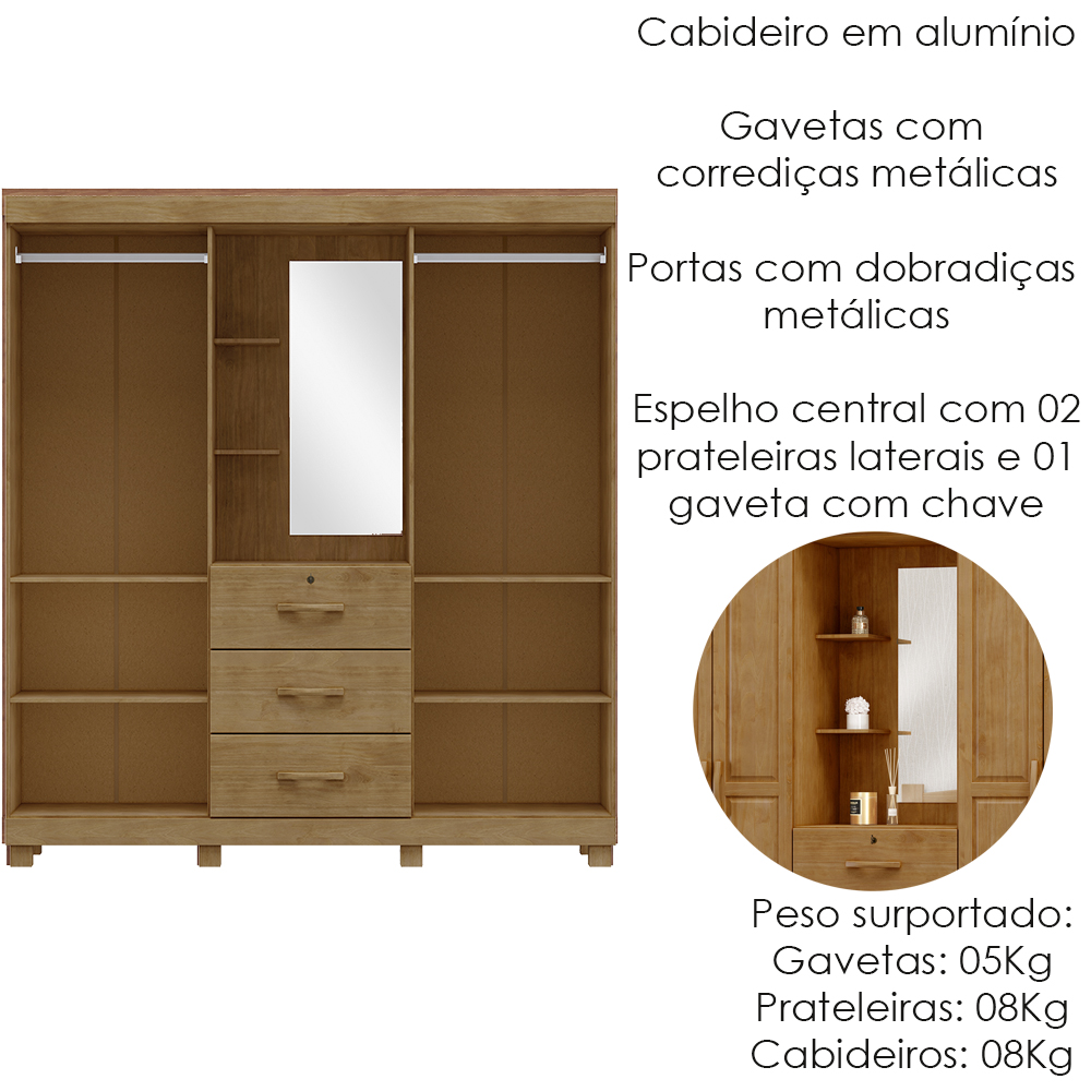 Guarda Roupa Capela Madeira Maciça 4P 3G 183 cm 1143 Freijo Milani Store