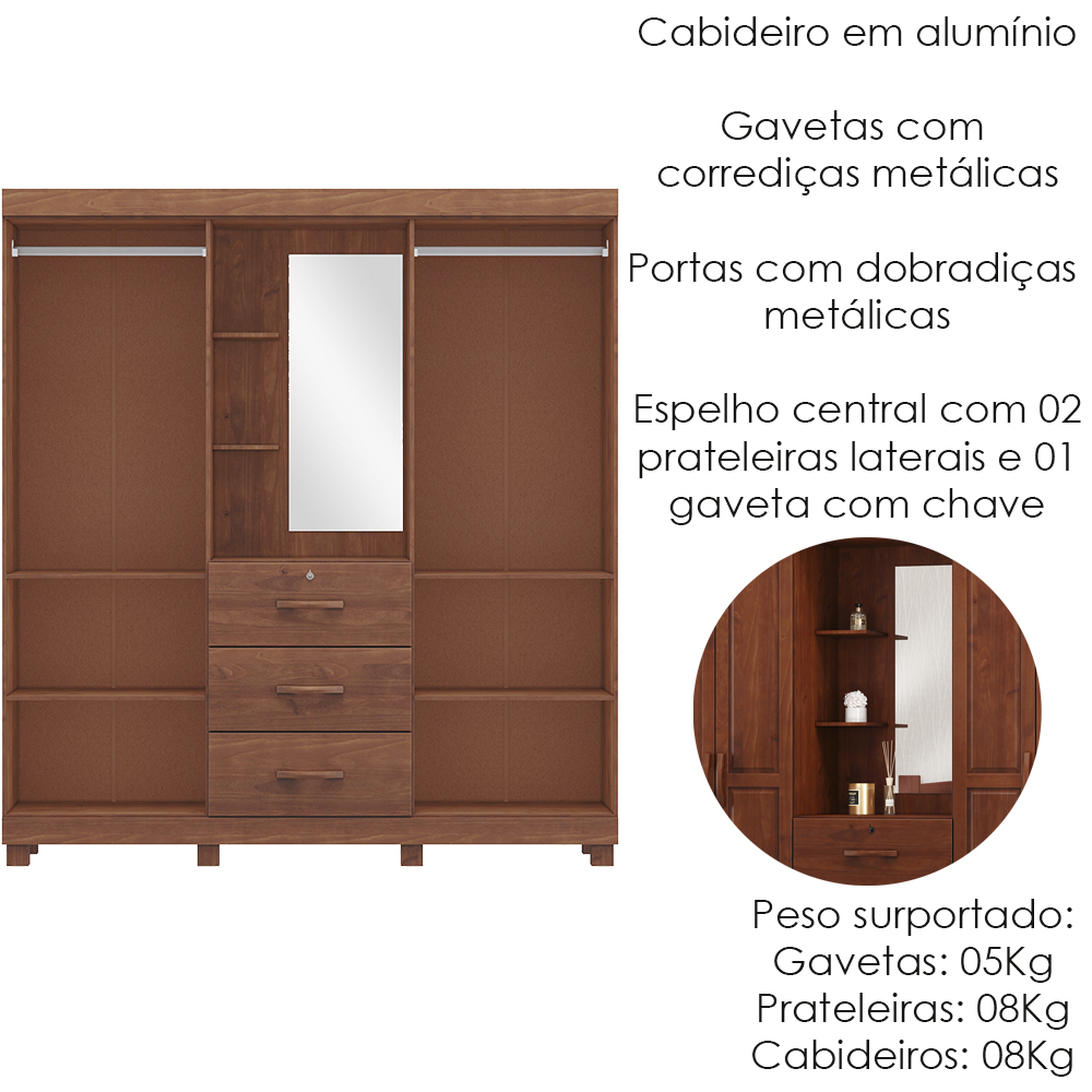 Guarda Roupa Capela Madeira Maciça 4P 3G 183 cm 1143 Imbuia Milani Store