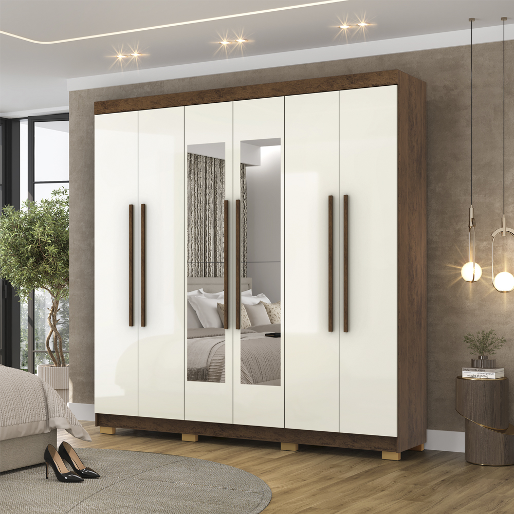 Guarda Roupa Casal 6 Portas 2G Espelho 218 cm Imbuia Champanhe VLR
