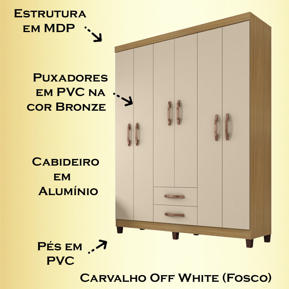 Guarda Roupa Casal 6 Portas 3562 Carvalho Off White INCC