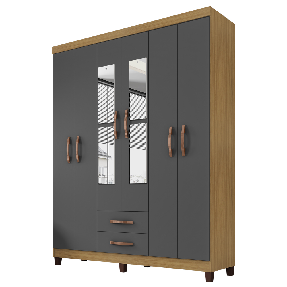 Guarda Roupa Casal Espelho 6P 2G Moden 150 cm Carvalho Am Grafite INCP