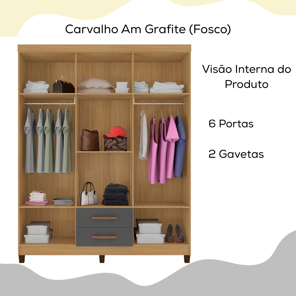Guarda Roupa Casal Espelho 6P 2G Moden 150 cm Carvalho Am Grafite INCP