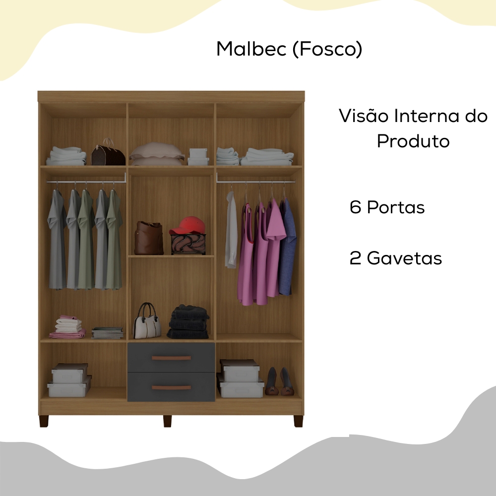 Guarda Roupa Casal Espelho 6P 2G Moden 150 cm Malbec INCP