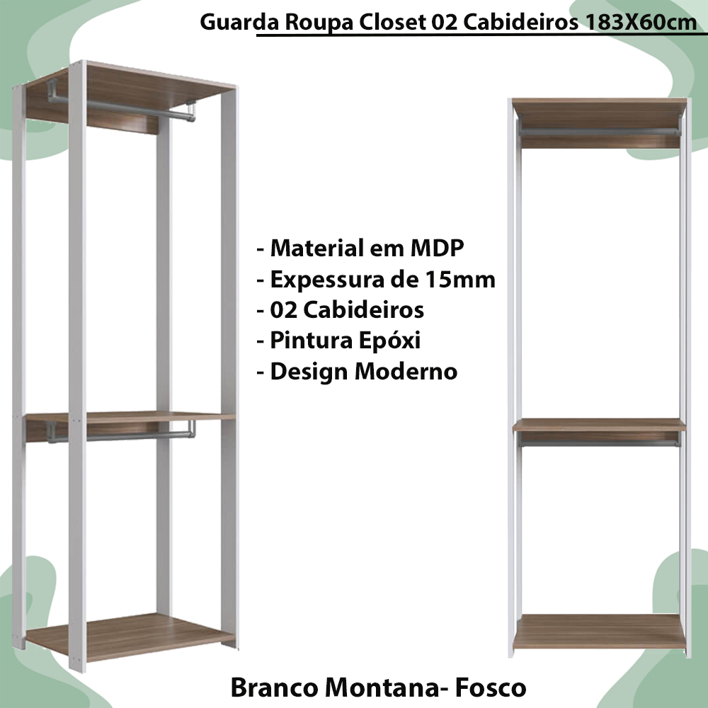 Guarda Roupa Closet 02 Cabideiros 183X60cm Branco Montana PRODDY