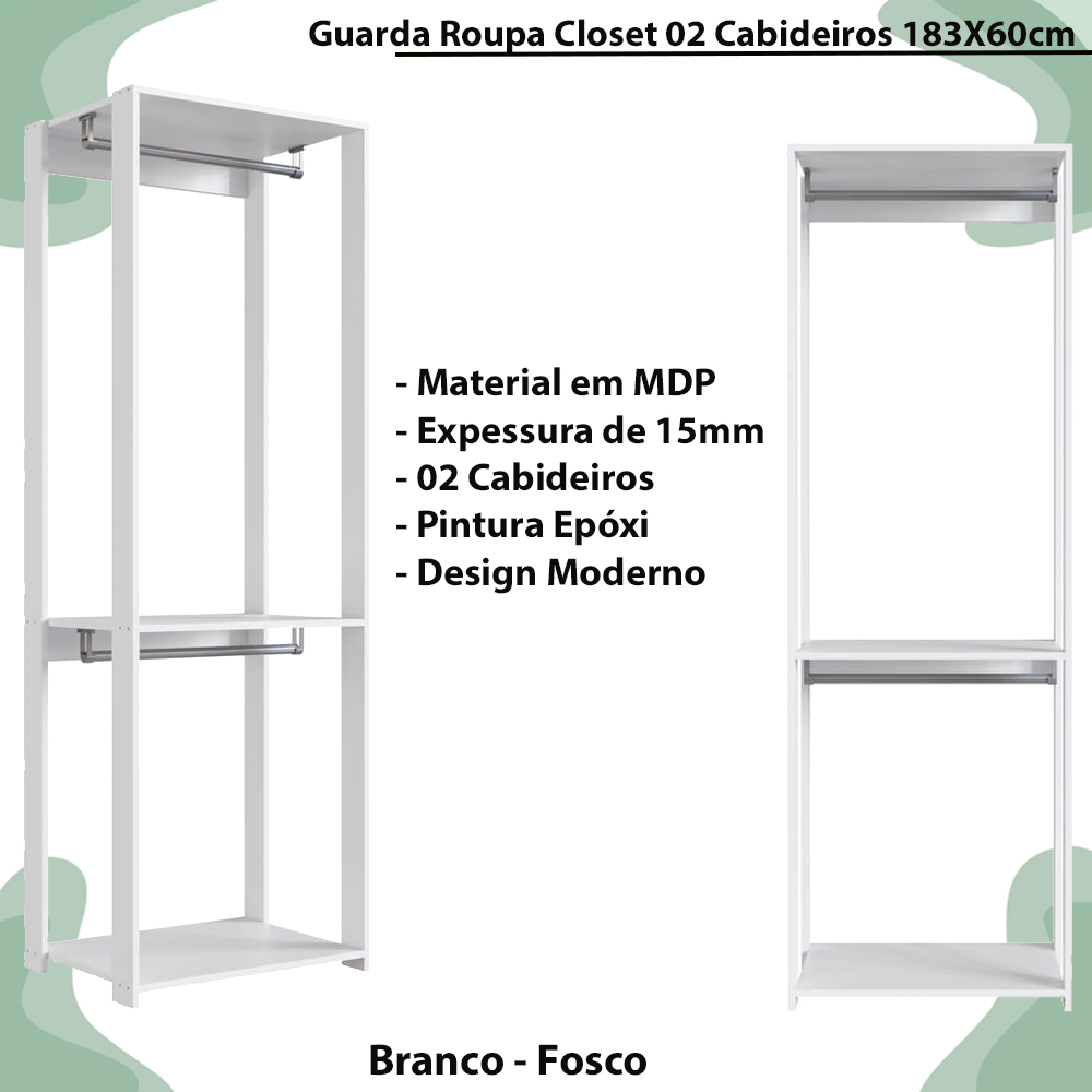 Guarda Roupa Closet 02 Cabideiros 183X60cm Branco PRODDY