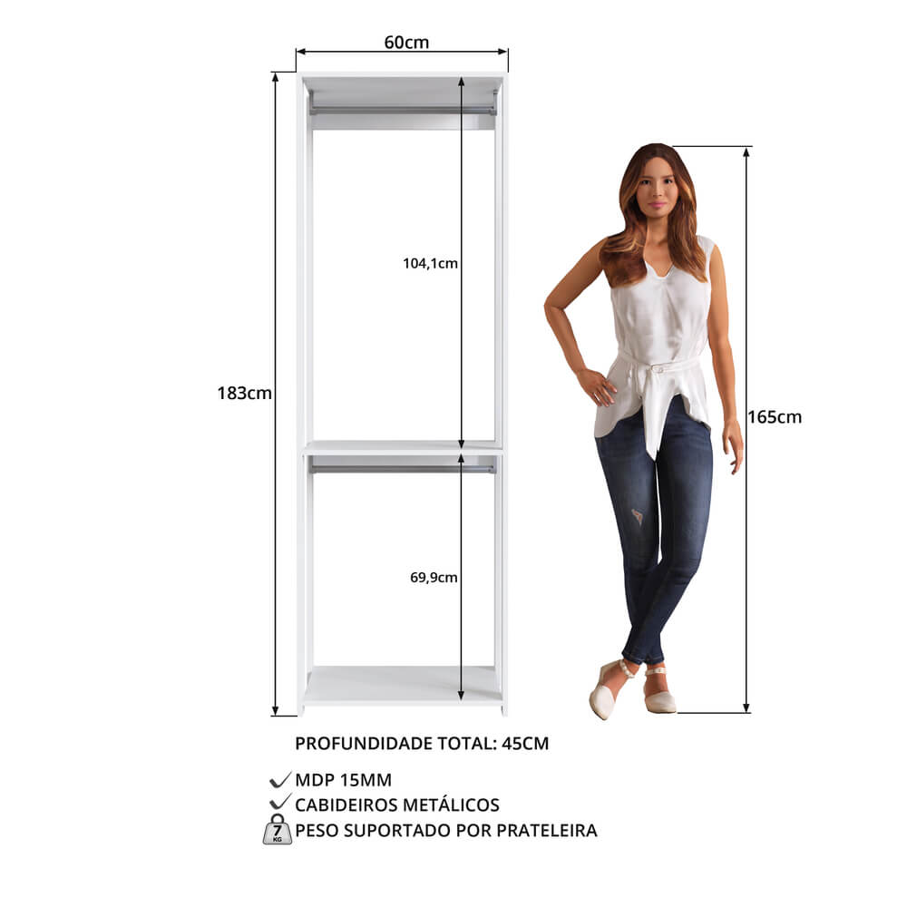 Guarda Roupa Closet 02 Cabideiros 183X60cm Branco PRODDY