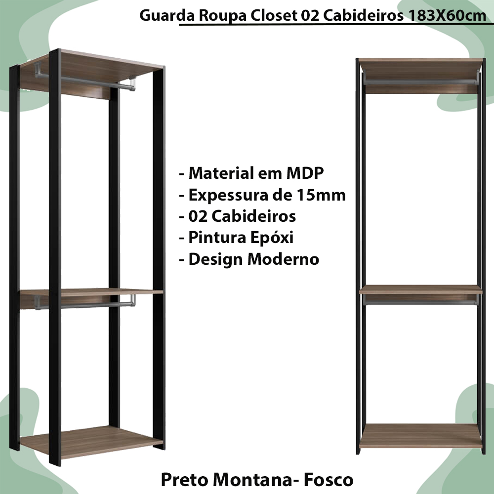 Guarda Roupa Closet 02 Cabideiros 183X60cm Preto Montana PRODDY