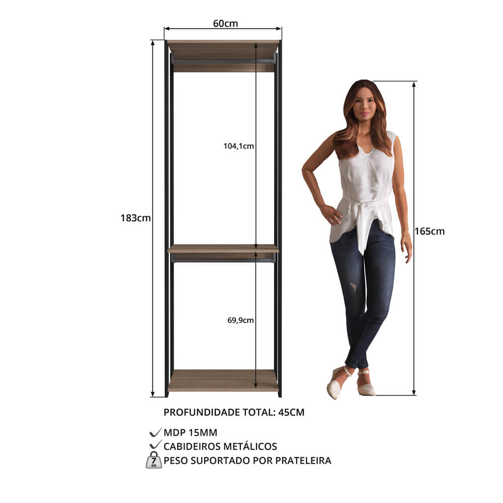Guarda Roupa Closet 02 Cabideiros 183X60cm Preto Montana PRODDY