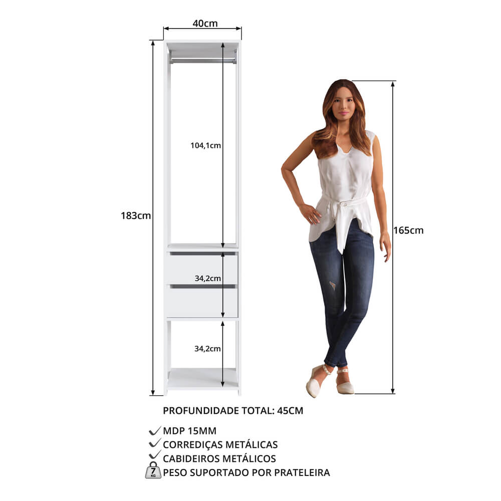 Guarda Roupa Closet 02 Gavetas 183X40cm Branco PRODDY