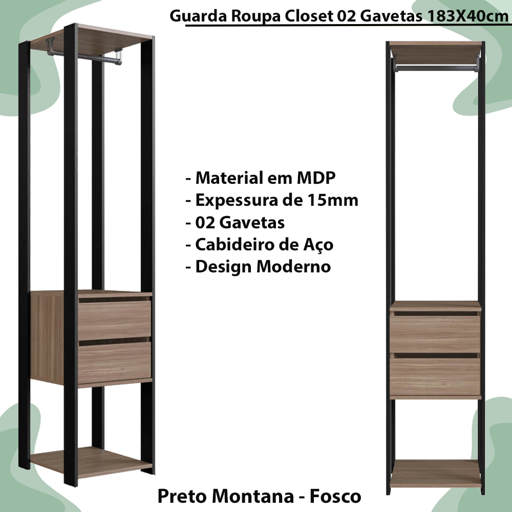 Guarda Roupa Closet 02 Gavetas 183X40cm Preto Montana PRODDY