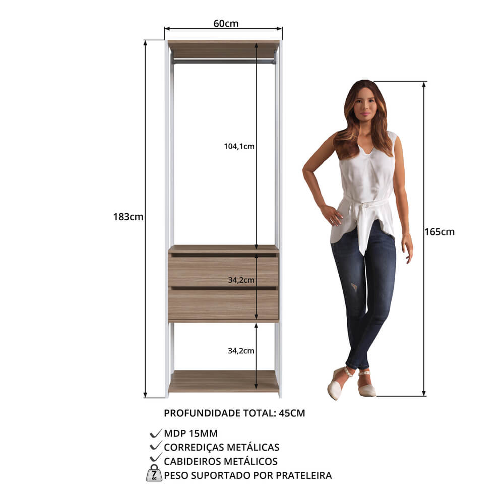 Guarda Roupa Closet 02 Gavetas 183X60cm Branco Montana PRODDY