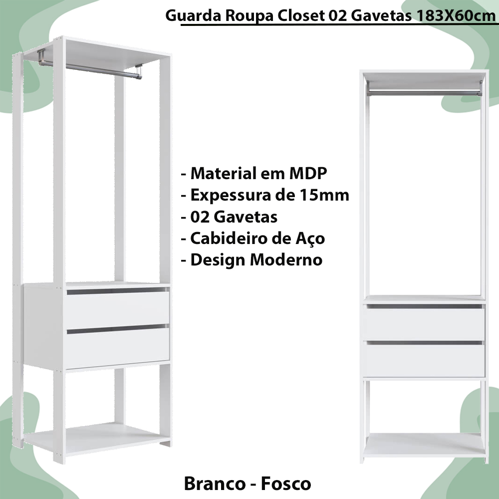 Guarda Roupa Closet 02 Gavetas 183X60cm Branco PRODDY