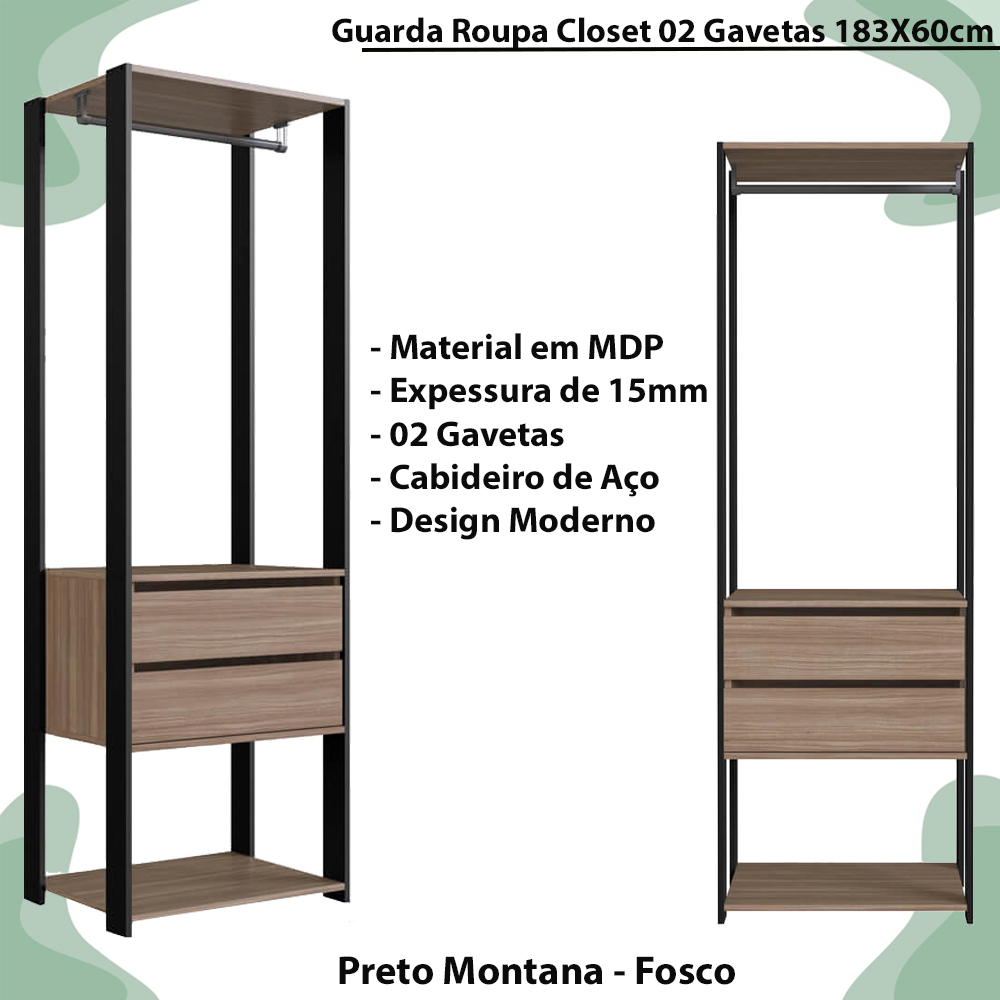 Guarda Roupa Closet 02 Gavetas 183X60cm Preto Montana PRODDY