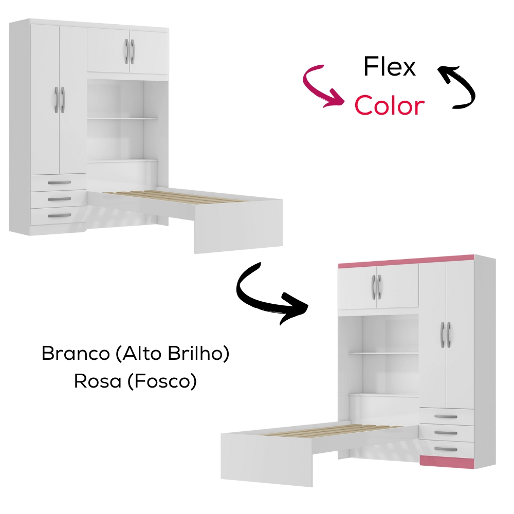 Guarda Roupa Com Cama 4P 3G LIS RG023 Branco Rosa Flex MXM