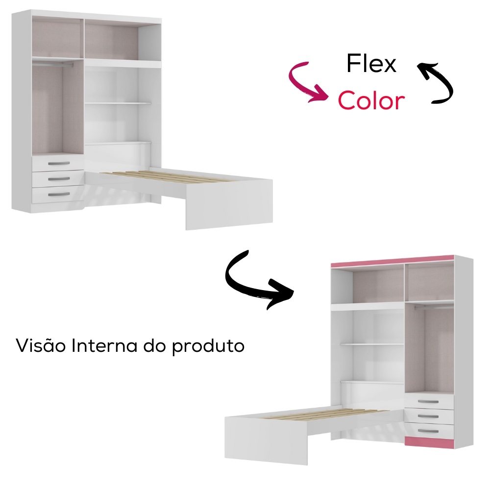 Guarda Roupa Com Cama 4P 3G LIS RG023 Branco Rosa Flex MXM