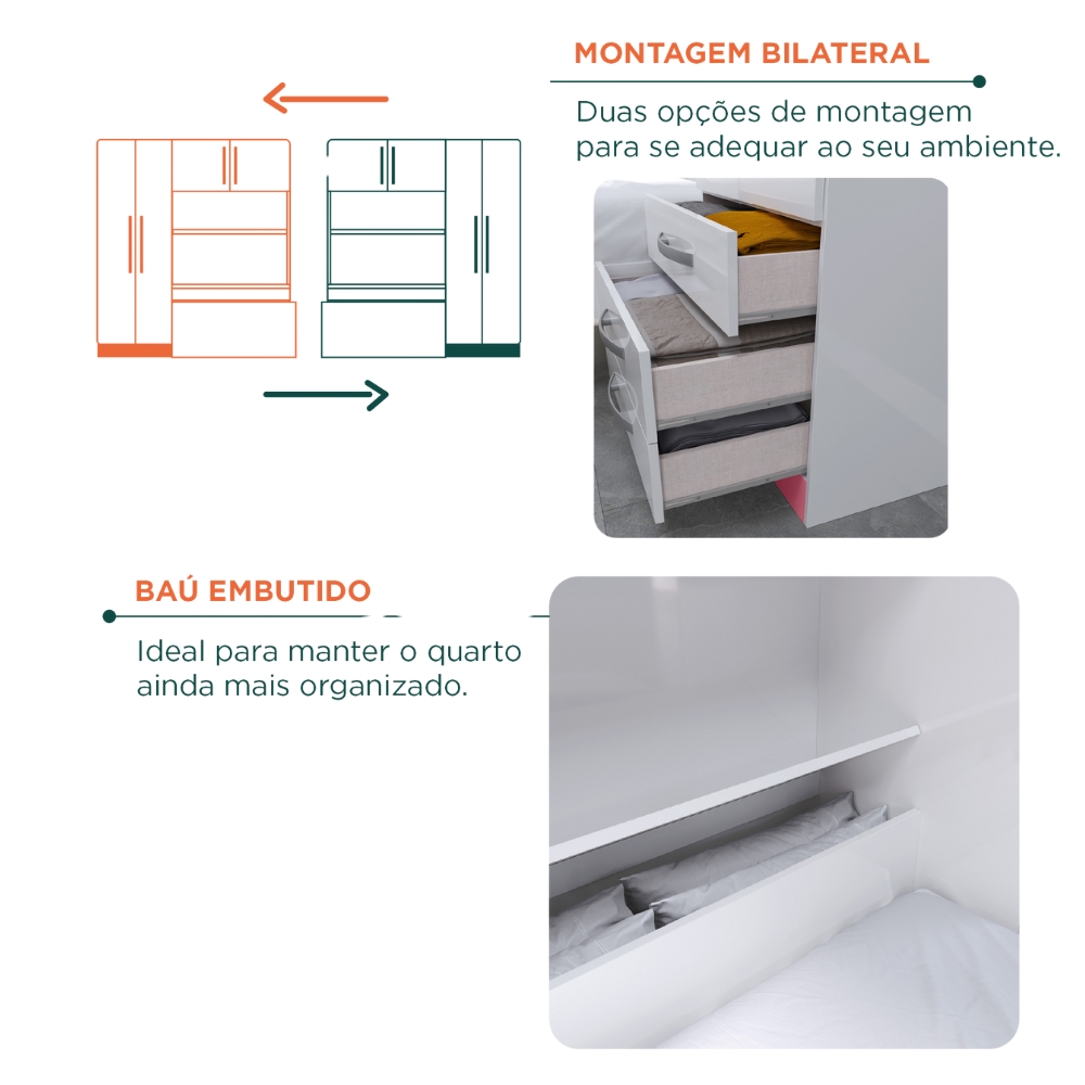 Guarda Roupa Com Cama 4P 3G LIS RG023 Branco Rosa Flex MXM