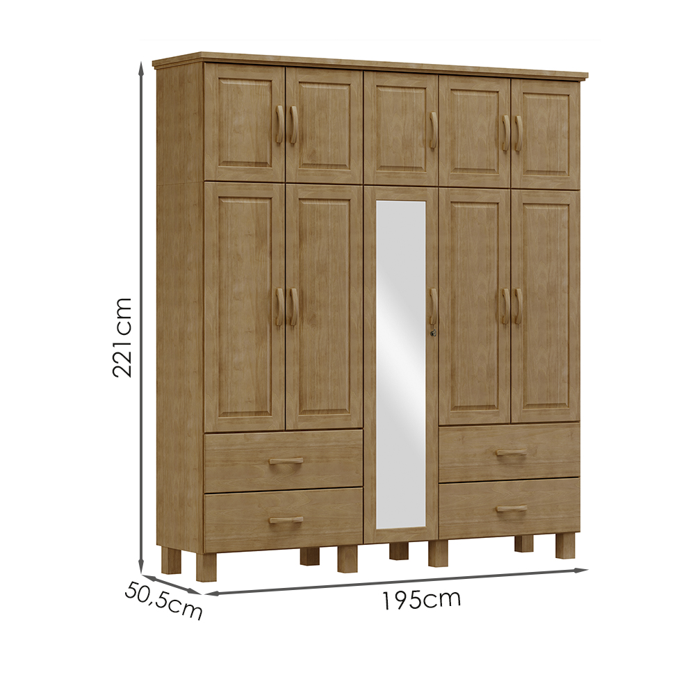 Guarda Roupa Madeira Maciça 10P 4G Espelho 195 cm 1145 Freijo Milani Store