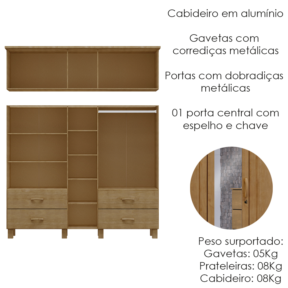 Guarda Roupa Madeira Maciça 10P 4G Espelho 195 cm 1145 Freijo Milani Store