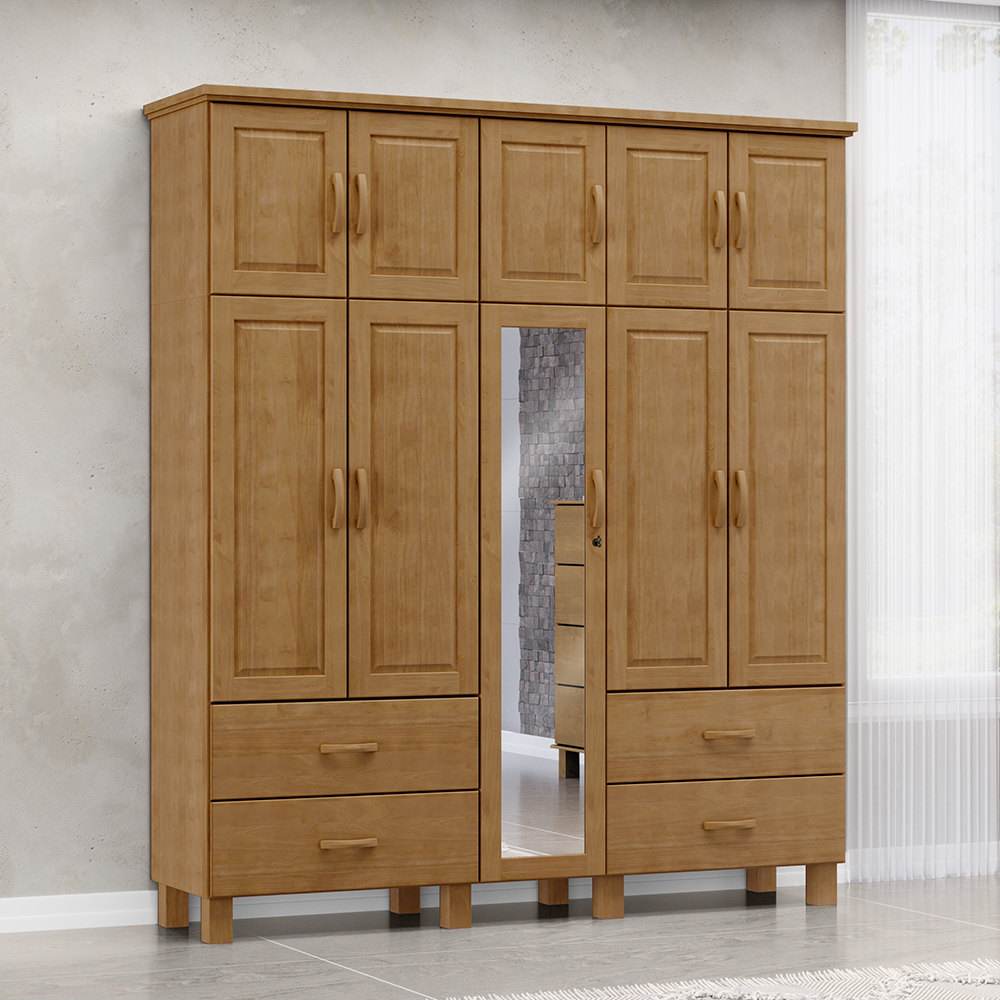Guarda Roupa Madeira Maciça 10P 4G Espelho 195 cm 1145 Freijo Milani Store