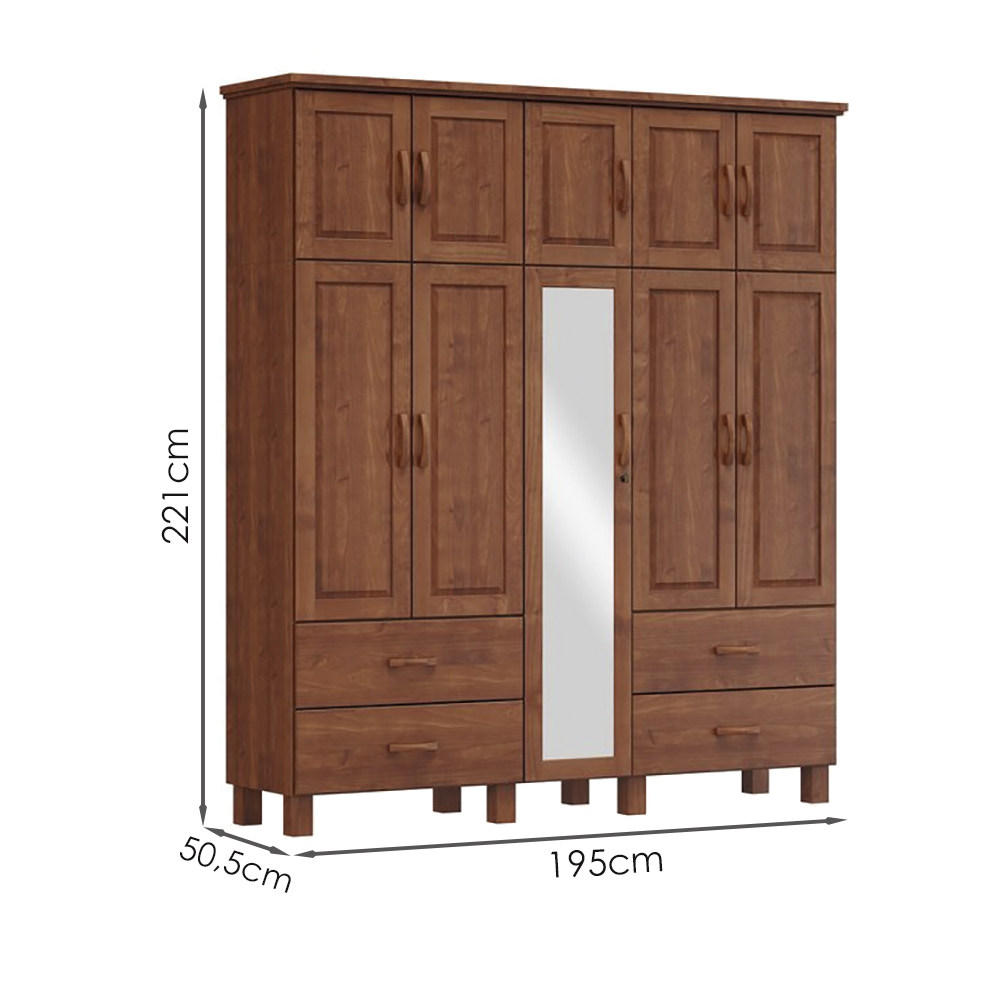 Guarda Roupa Madeira Maciça 10P 4G Espelho 195 cm 1145 Imbuia Milani Store
