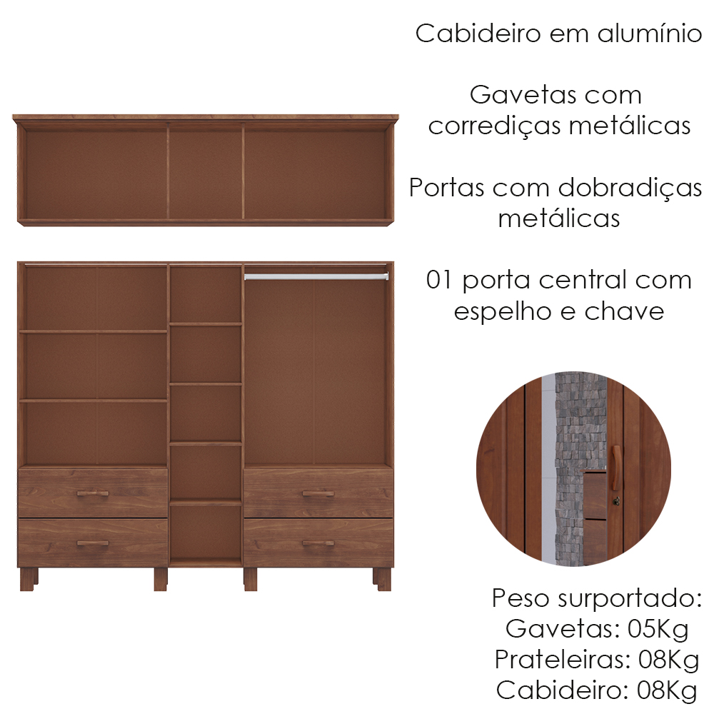 Guarda Roupa Madeira Maciça 10P 4G Espelho 195 cm 1145 Imbuia Milani Store