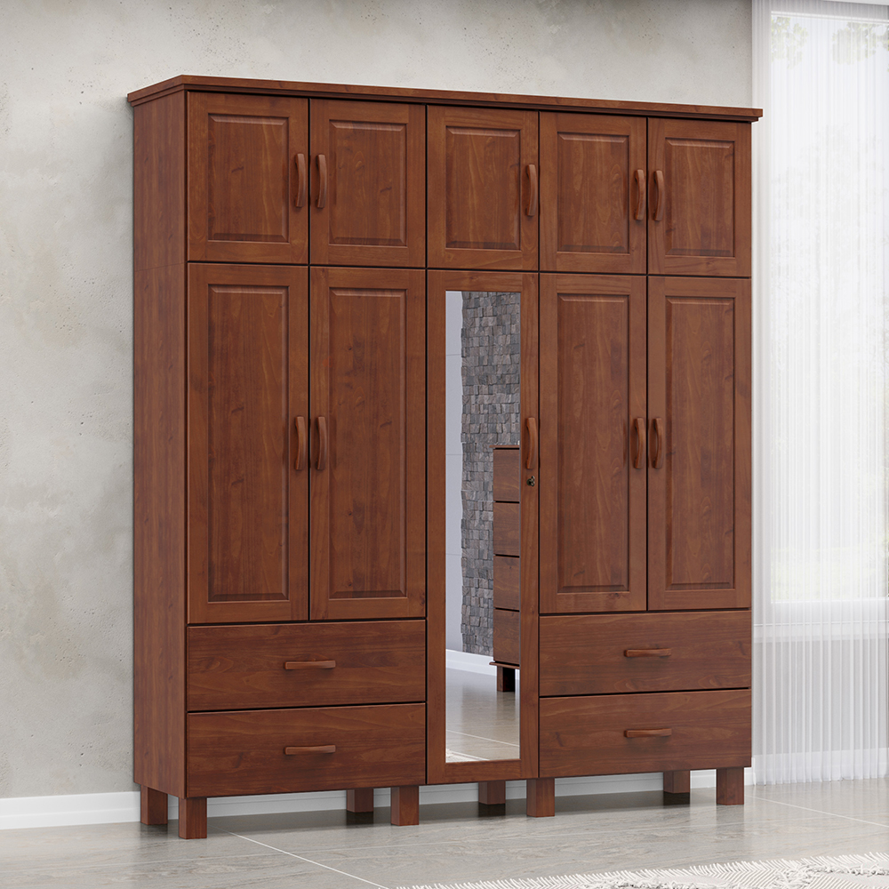 Guarda Roupa Madeira Maciça 10P 4G Espelho 195 cm 1145 Imbuia Milani Store