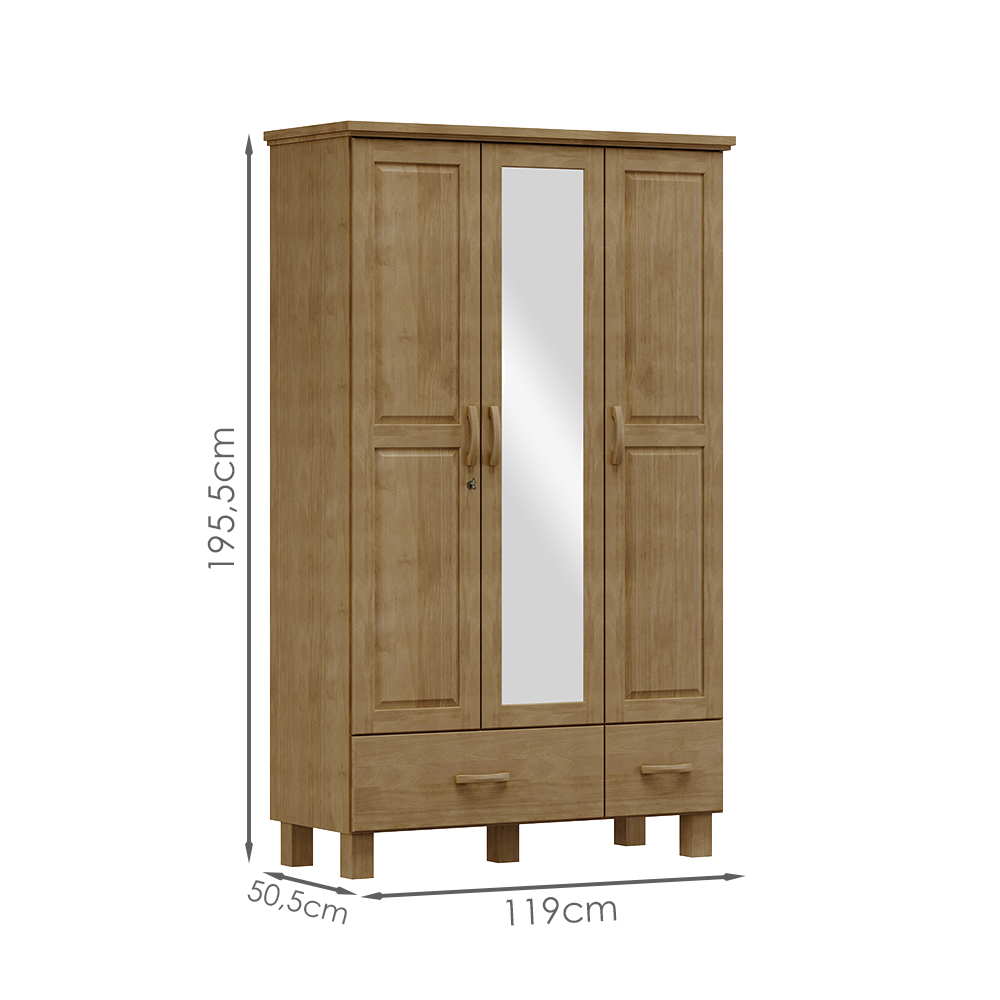 Guarda Roupa Madeira Maciça 3P 2G Espelho 119 cm 1141 Freijo Milani Store