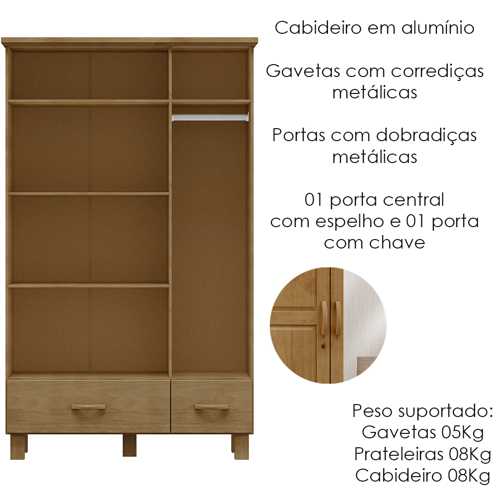 Guarda Roupa Madeira Maciça 3P 2G Espelho 119 cm 1141 Freijo Milani Store