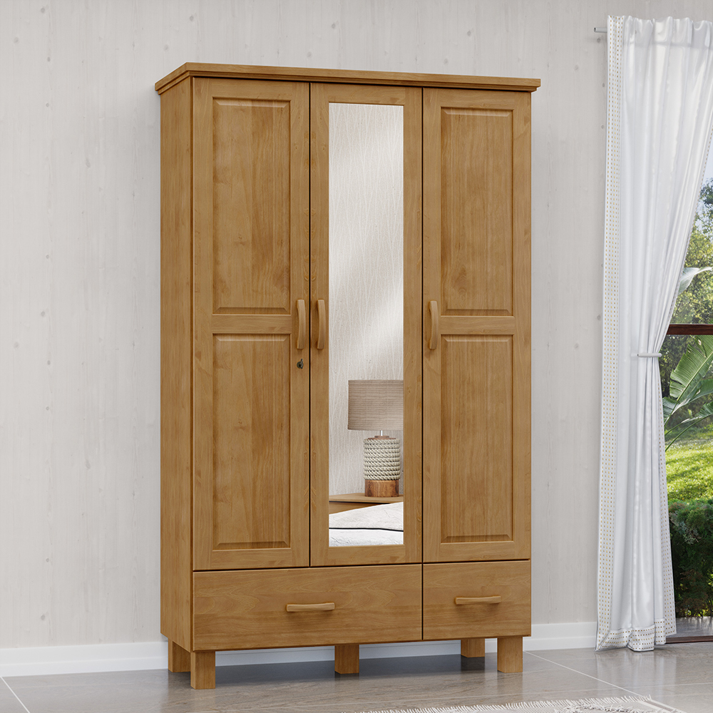 Guarda Roupa Madeira Maciça 3P 2G Espelho 119 cm 1141 Freijo Milani Store