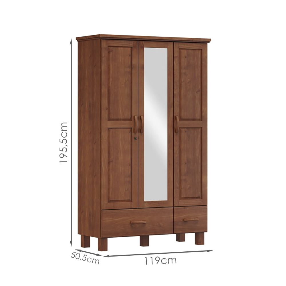 Guarda Roupa Madeira Maciça 3P 2G Espelho 119 cm 1141 Imbuia Milani Store
