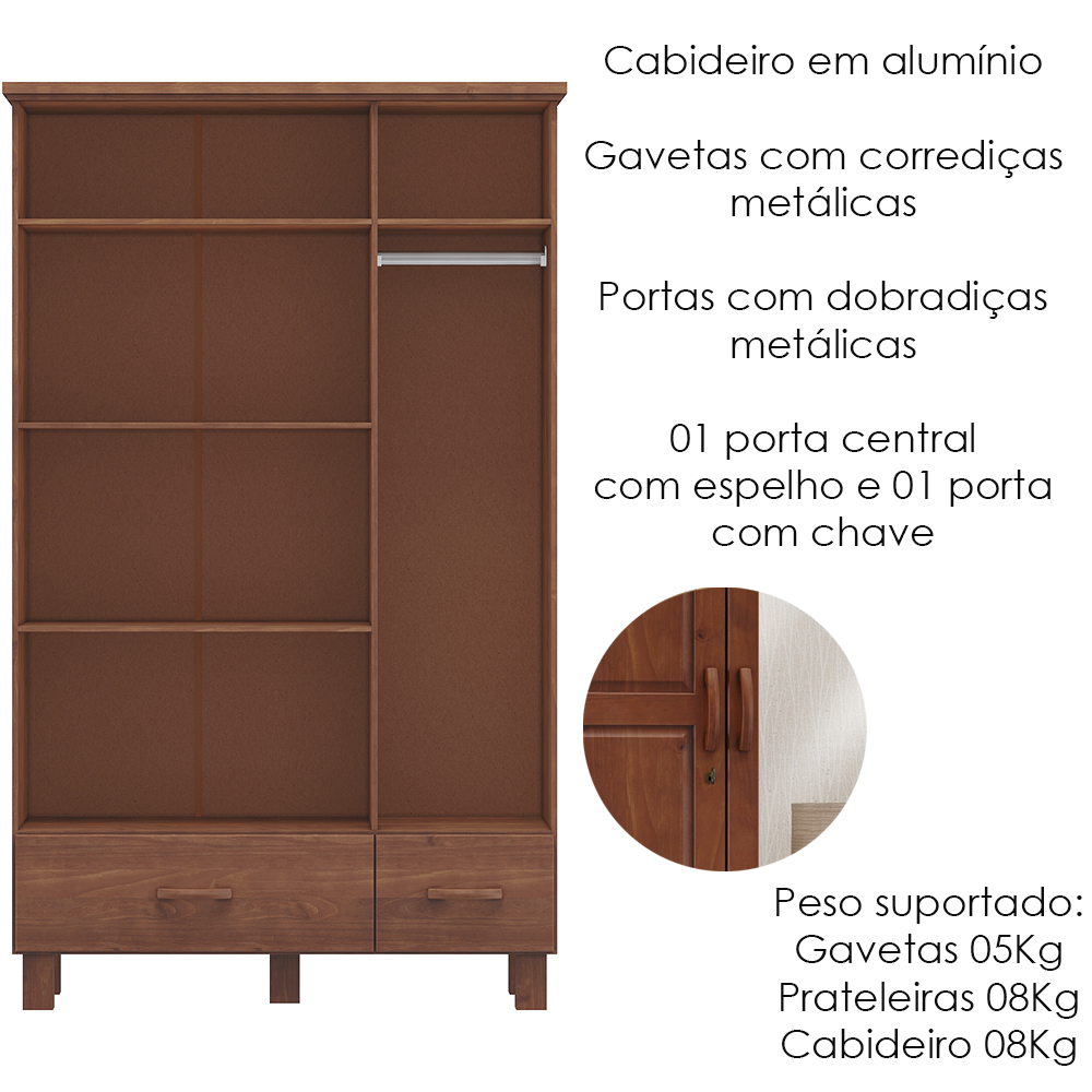 Guarda Roupa Madeira Maciça 3P 2G Espelho 119 cm 1141 Imbuia Milani Store