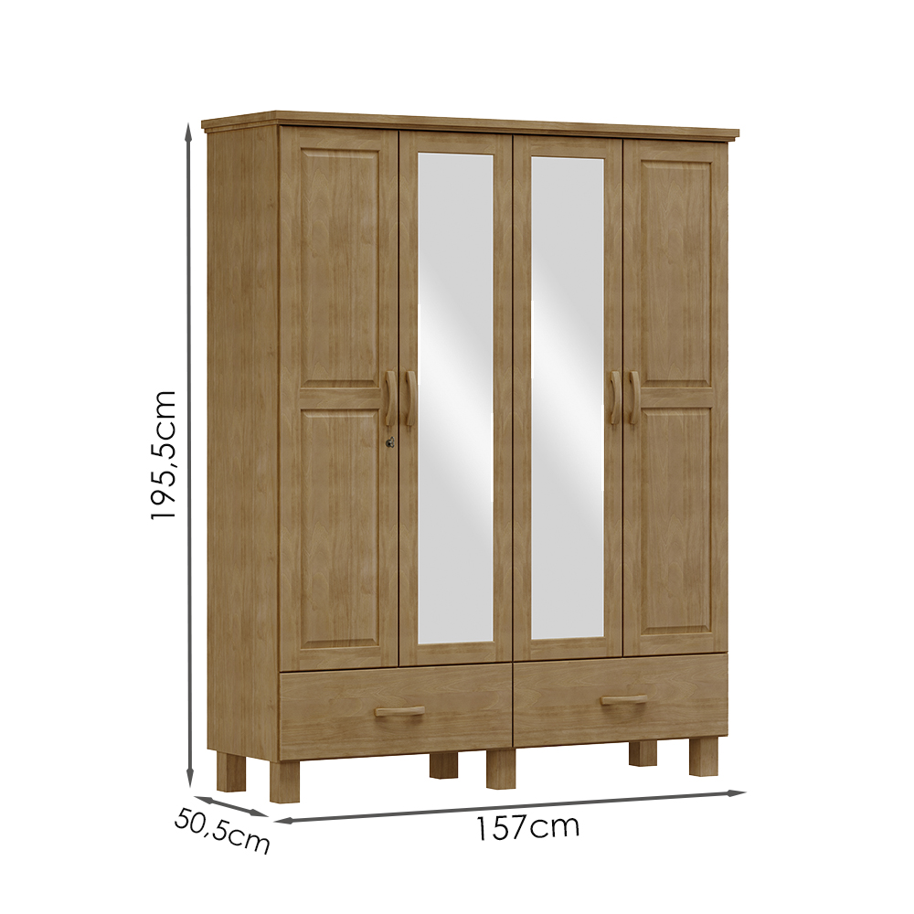 Guarda Roupa Madeira Maciça 4P 2G Espelho 157 cm 1142 Freijo Milani Store