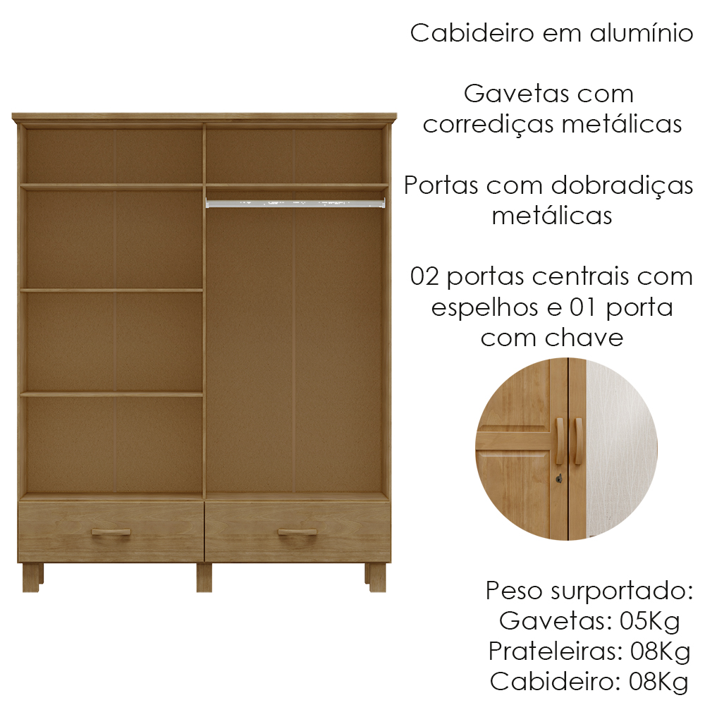 Guarda Roupa Madeira Maciça 4P 2G Espelho 157 cm 1142 Freijo Milani Store