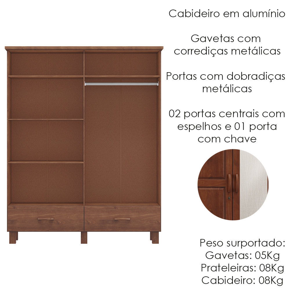 Guarda Roupa Madeira Maciça 4P 2G Espelho 157 cm 1142 Imbuia Milani Store