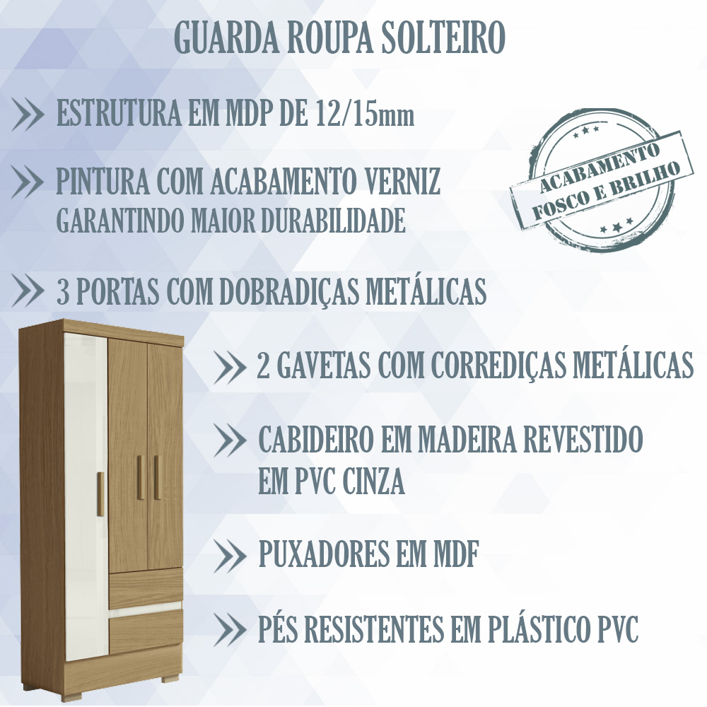 Guarda Roupa Solteiro 3 Portas 2005132 Atacama Off White ARMoveis
