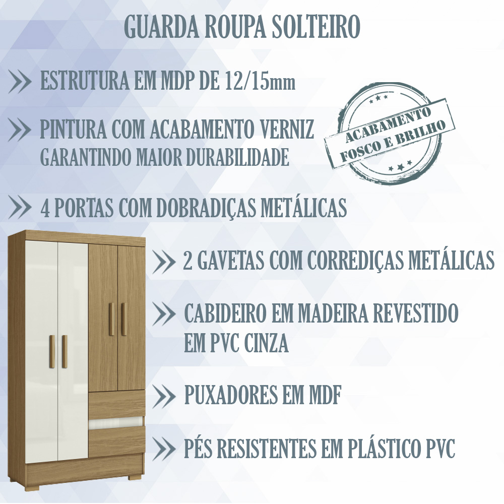 Guarda Roupa Solteiro 4 Portas 2005142 Atacama Off White ARMoveis