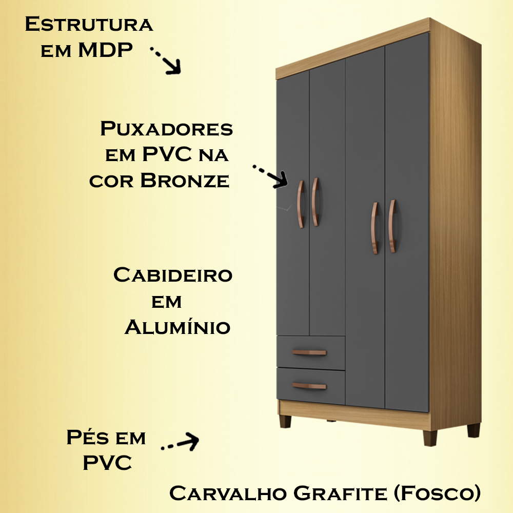 Guarda Roupa Solteiro 4 Portas 3565 Carvalho Grafite INCC