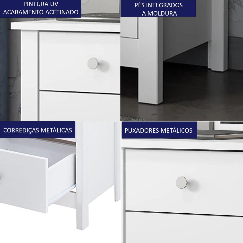 Kit 02 Mesas De Cabeceira 3 Gavetas 40 cm DM113 Branco Dtall