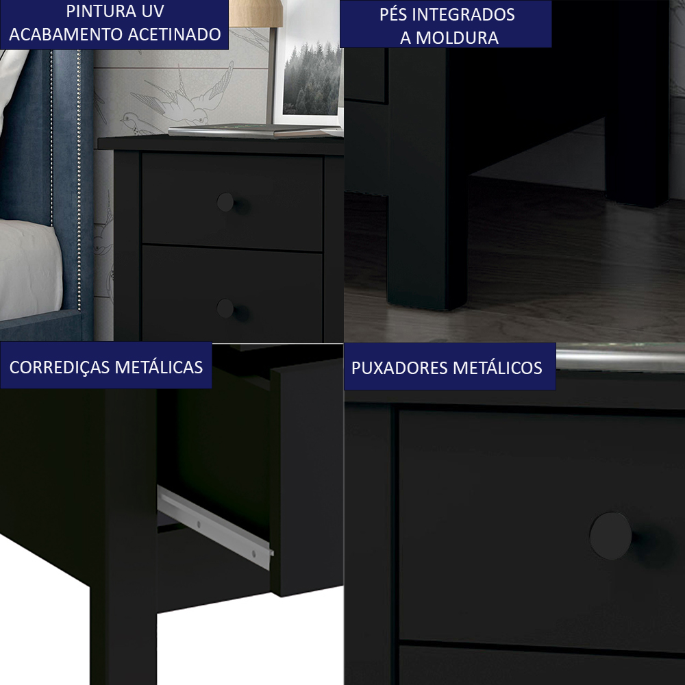 Kit 02 Mesas De Cabeceira 3 Gavetas 40 cm DM113 Preto Dtall