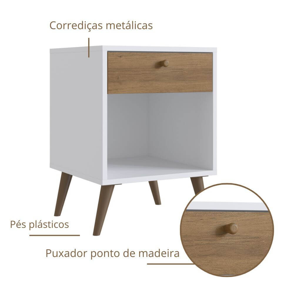 Kit 02 Mesas de Cabeceira 01 Gaveta 40cm Branco Mel PRODDY
