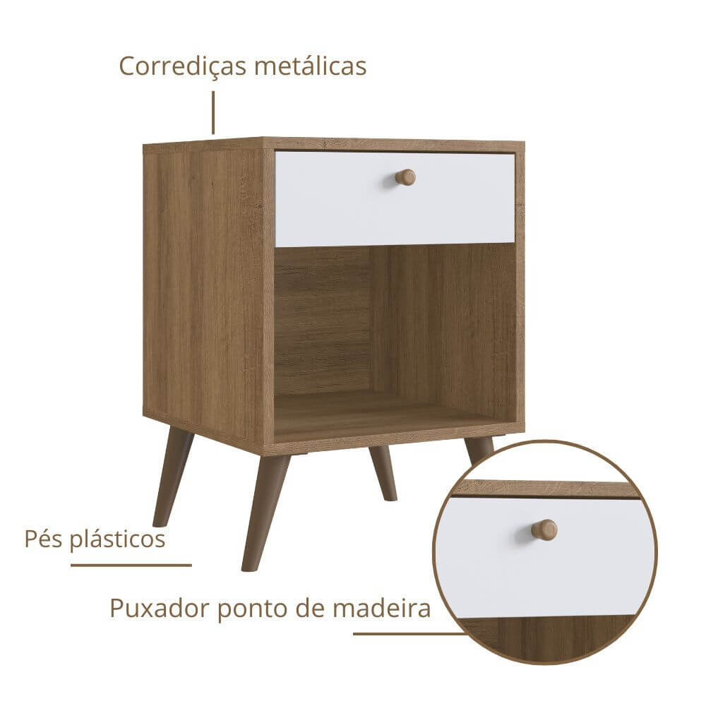 Kit 02 Mesas de Cabeceira 01 Gaveta 40cm Mel Branco PRODDY