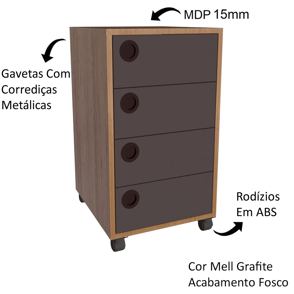 Kit 2 Gaveteiros 36 cm Office 4 Gavetas GV5030 Mell Grafite FAEM