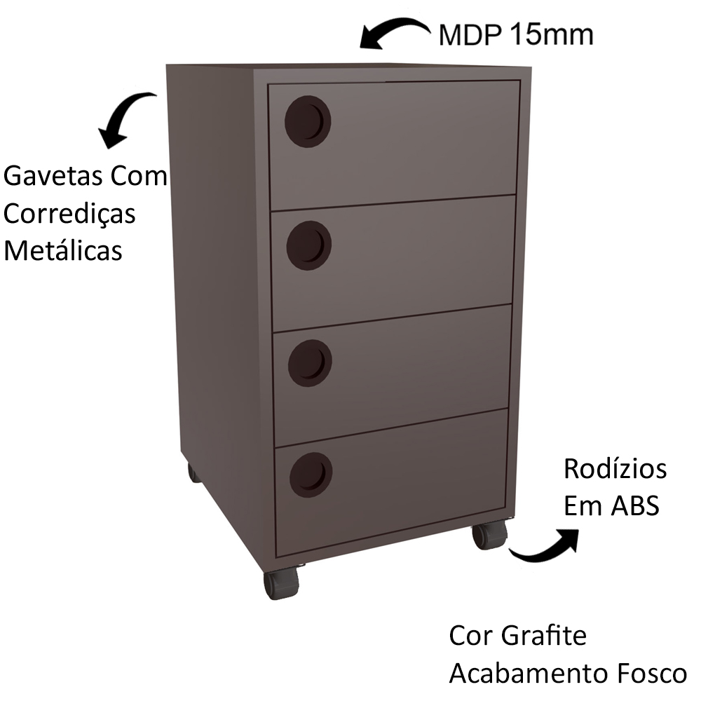 Kit 2 Gaveteiros 36 cm Office 4 Gavetas GV5034 Grafite FAEM