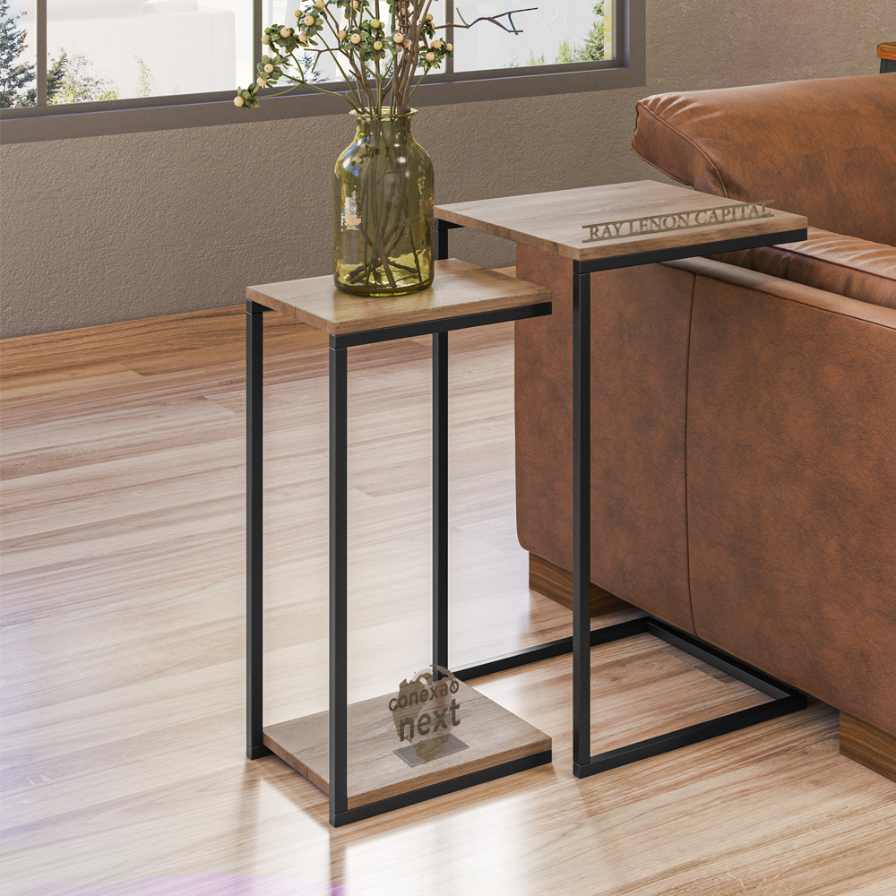 Kit 2 Mesas Laterais Estilo Industrial Aurum Demoliçao Preto DHom